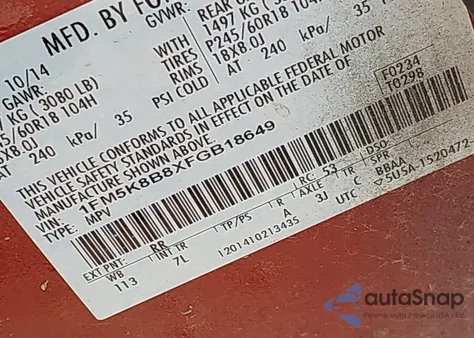 2015 Ford Explorer z USA, uszkodzony, nr VIN 1FM5K8B8XFGB18649